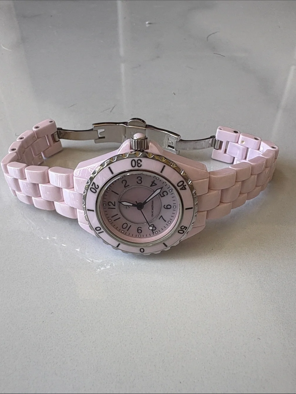 Isaac Mizrahi Pale Pink Ceramic Link Watch with Silver Accents